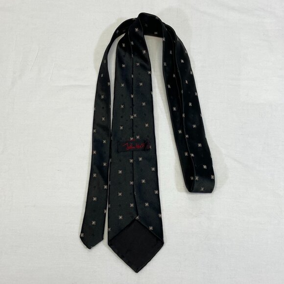 John Weitz Narrow Classic Tiny Geometric Print 3” Neck Tie Black Gold 80’s - Picture 4 of 7